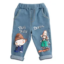 Одежда для маленьких девочек детские джинсы осенние повседневные джинсы с рисунком для мальчиков джинсовые штаны эластичные брюки синие брюки