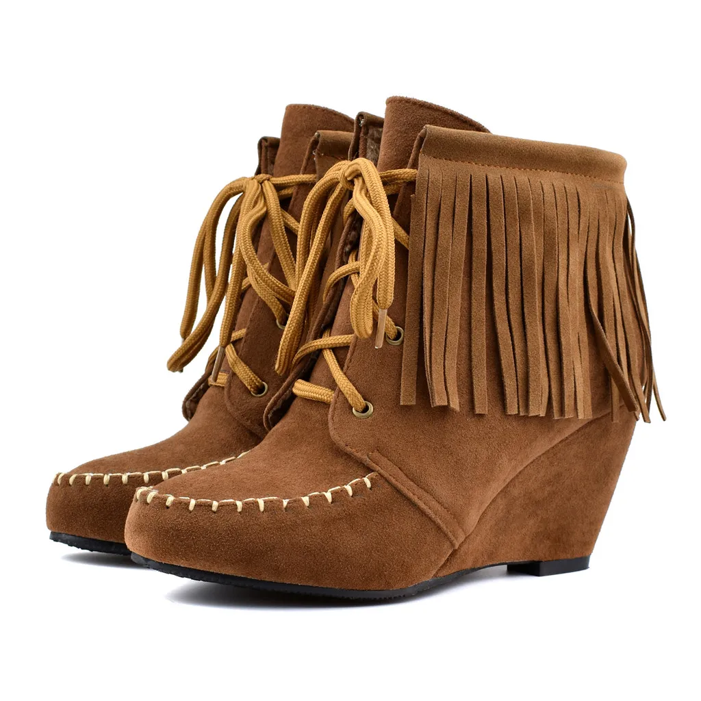 

Women's Wedges Fringed Boots Short Large Size Fringed Csual Shoes Lace-Up Ankle Booties Plus Size 34-43 rubber boots for women