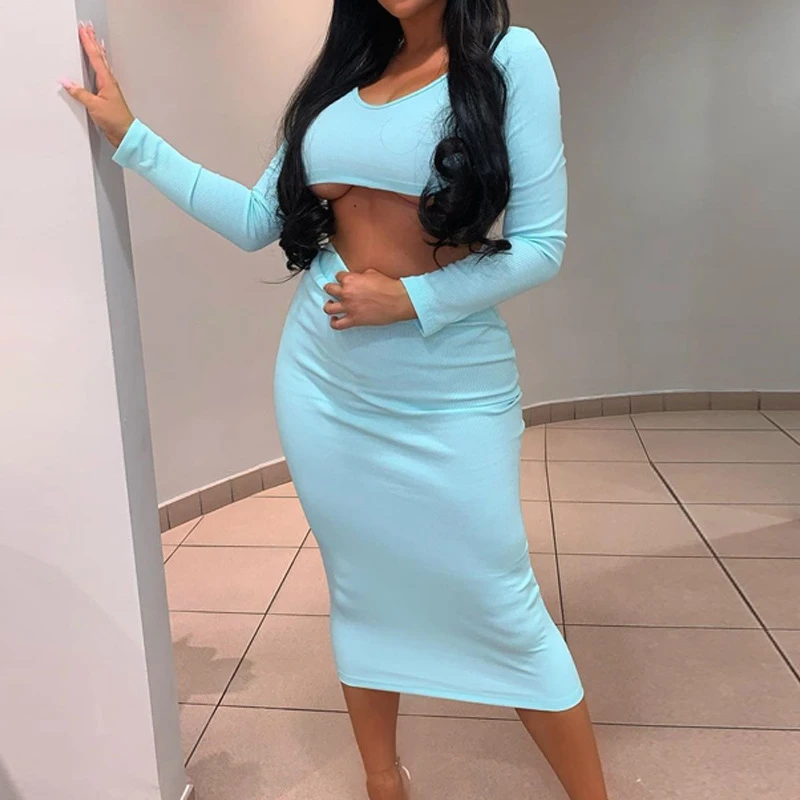 

Women Two Piece Sexy Clothes Sets, Long Sleeve V Neck Crop Tops + High Waist Bodycon Skirts Women's Solid Color Sexy Suit