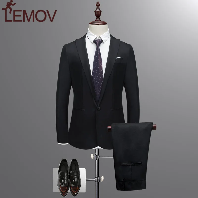 Jacket + Pant New Men Business Slim Suits Sets Solid Color Wedding Office Dress Two-piece Suit Blazers Coat Trousers Waistcoat