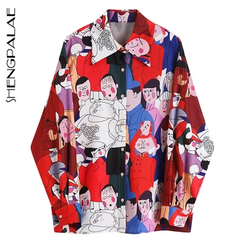 

SHENGPALAE 2020 Fashion Summer Cartoon Print Shirt Female Tops Long Sleeve Casual Turn-down Collar Women's Loose Blouse ZA3433