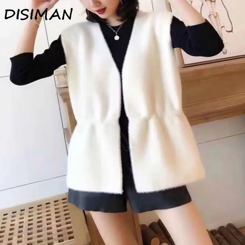 

DISIMAN autumn winter double-faced woolen loose vest fuzzy sweater korean knitted plus size women open breast chunky sweater