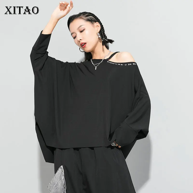 

XITAO Off Shoulder Pleated Irregular T Shirt Fashion New Women Black White Pullover Pleated Minority Casual Tee Top XJ3770