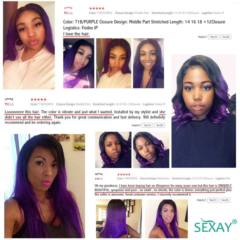 1B Purple Colored Hair Bundles Peruvian Straight Human Hair Weave 10-28 Inch Remy Straight Ombre Human Weave Bundles