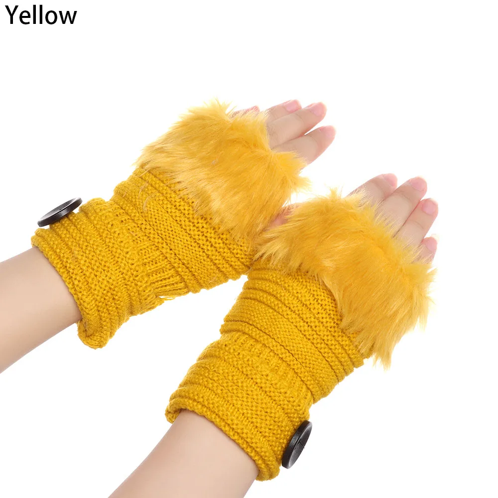 3-yellow Зимние осенние теплые модные наручные перчатки для девочек из искусственного кроличьего меха, вязаные женские вязаные варежки без пальцев, перчатки с открытыми пальцами - Цвет: 3-yellow