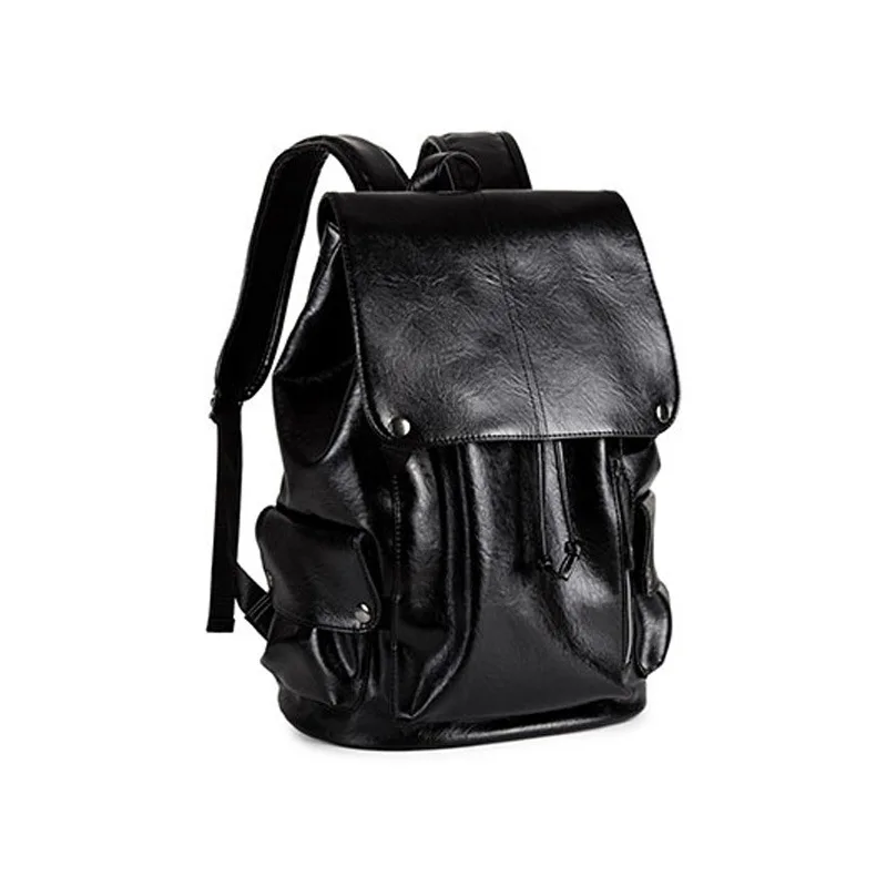

Backpack Men's Soft PU Leather Drawstring Buckle Flip-Style Large-Volume Multi-pockets Black And White with Pattern Korean-style