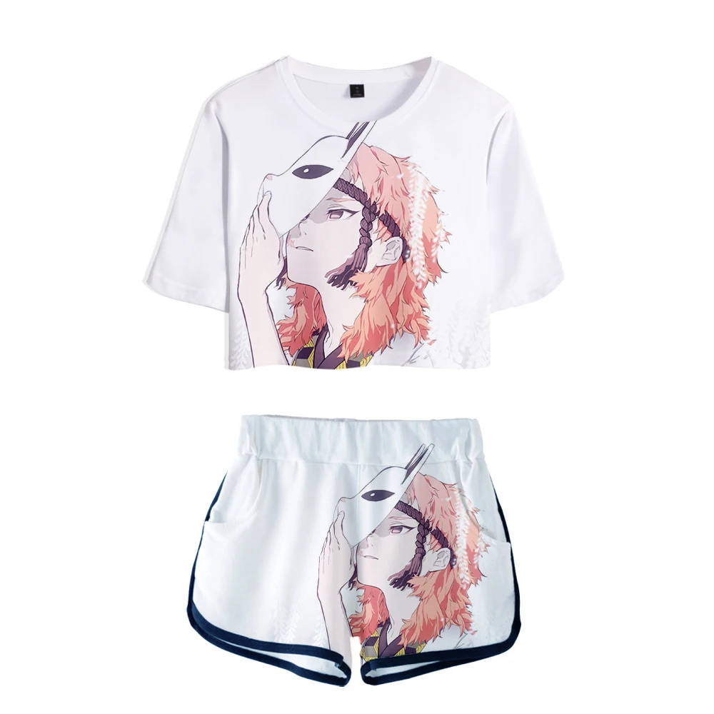 New women Fashion Two Pieces Sets Ghost Blade print T Shirts+Shorts Suit women Tops Tees Fashion Tshirt HighQuality  clothing