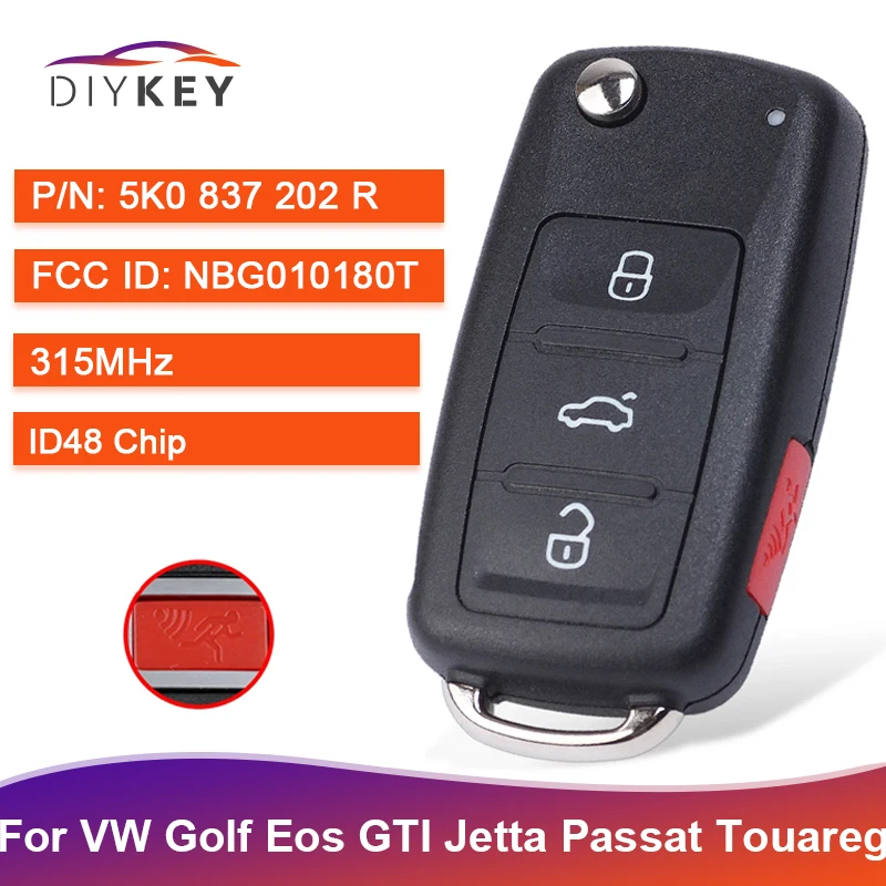 DIYKEY 5K0 837 202 R 3+1 4 Button for VW Golf Eos GTI Jetta Passat Touareg Tiguan CC 2011-2016 NBG010180T Remote Key 315MHz ID48 |