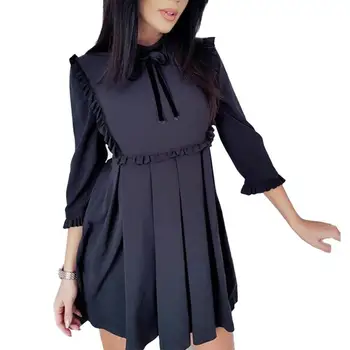 

Hot apparel Fashion Women Autumn Solid Color 3/4 Sleeve Ruffled Large Swing Tunic Mini Dress
