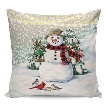 

Winter Snowman Christmas Tree Pillow Covers Cases Pattern Cover Cushion Pillowcase Square Print