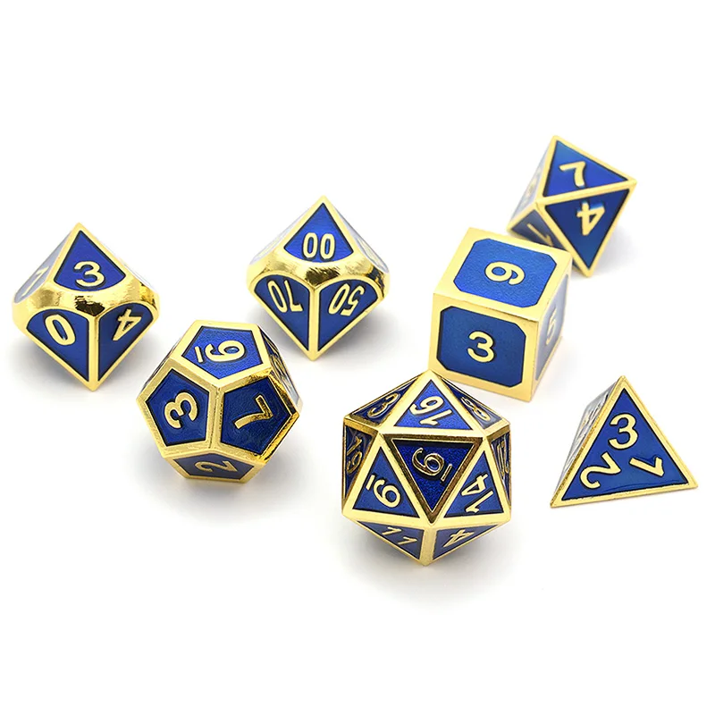 

A Set Of 7 Dice Shiny Gold Finishes with Royal Blue Enamel Paint Tabletop Game