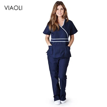 

Fashion Women's Love Shadow Scrubs Set Medical Uniforms Mock-Wrap Top With Adjustable Back Tie Doctor Clothes Nurse Uniforms New