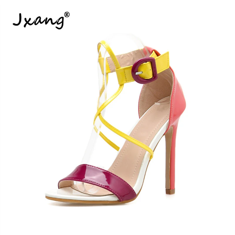 

JXANG Color matching Women Sandals 2020 New Arrival Square Heeled Summer Shoes Woman Wedding Party Basic Shoes Woman