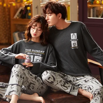 

Pajamas Couple Pure Cotton Cute Cartoon Print O-Neck Long Sleeves Korean Style Autumn Winter Loose Suit Plus Size Home Clothes