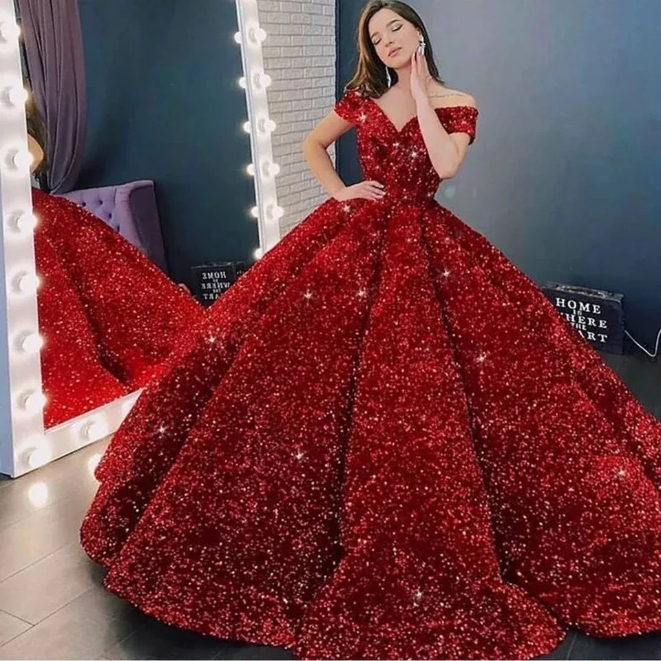 Sparkly Burgundy Evening Dress Long 2022 robe de mariee Off Shoulder Sequins Lace Up Ball Gown Formal Dresses Reflective Pageant women's formal dresses & gowns