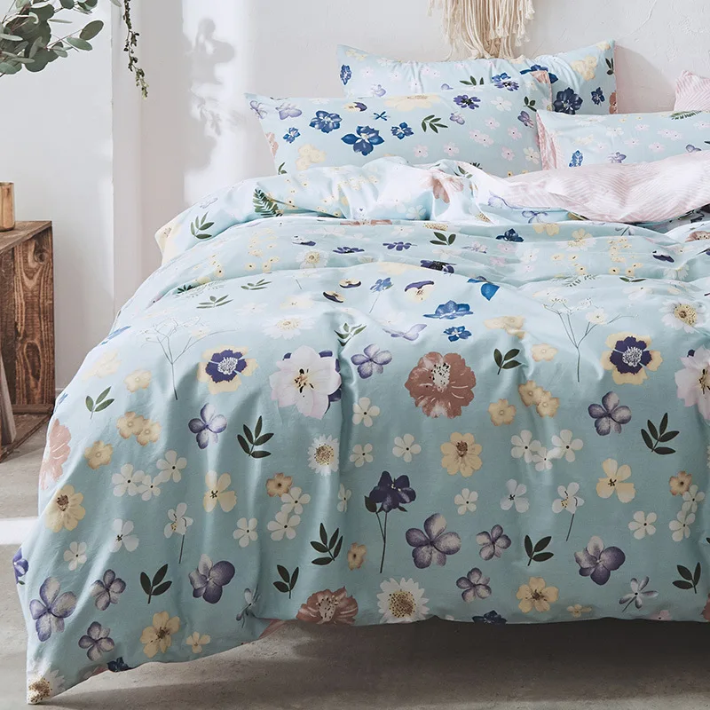 4 pcs Home bedding set soft cotton floral print duvet case and pillowcase set with plants upholstery