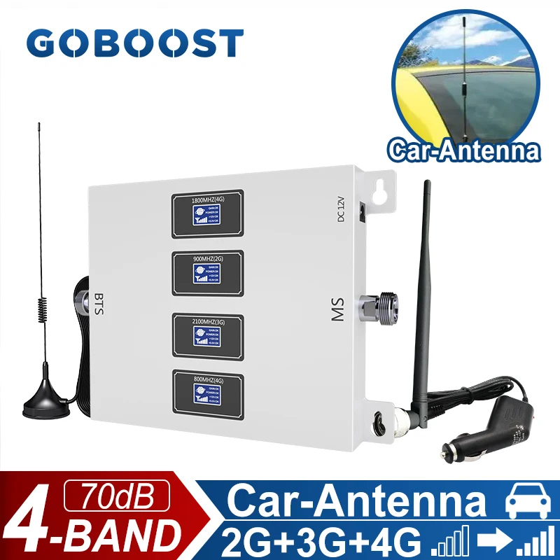 Goboost 4 Band Signal Booster For Car 70db High Gain 2g+3g+4g Cellular