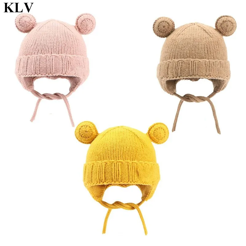 Зимняя вязаная шапка ушанка ручной работы для маленьких детей Милая однотонная