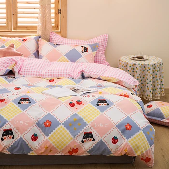 

Cartoon Pink Plaid Bedding sets,200×230 Duvet Cover Set With Pillowcase,135×200 Child Quilt Cover ,King Size Blanket Cover，2020