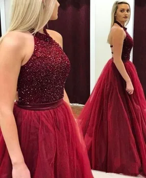 

2020 Hot Crystal Beaded Burgundy Prom Dress Sleeveless Halter Long Evening Dresses Formal Party Gown