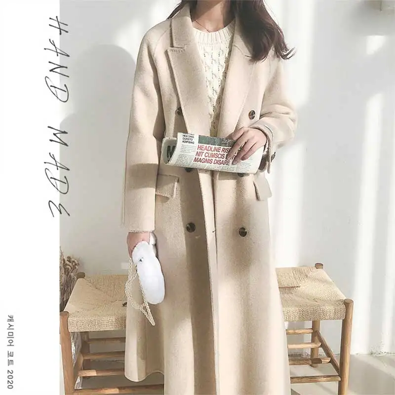 

Women's Spring Winter Hand Made Two-sided 100% Wool Coat Long Slim Double Breasted Cashmere Coat Big Pocket