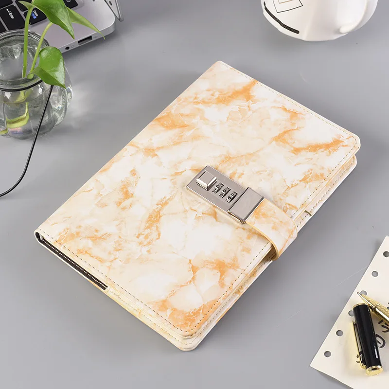 Marble Pattern A5 diary with lock Student Notebook Notepad Office School Supplies Gift Leather Codebook Password PU | Канцтовары для