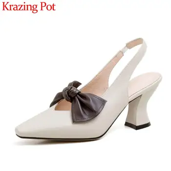 

Krazing pot 2020 summer sandals cow leather cozy square toe high heels butterfly-knot beauty lady elastic band shoes women L70