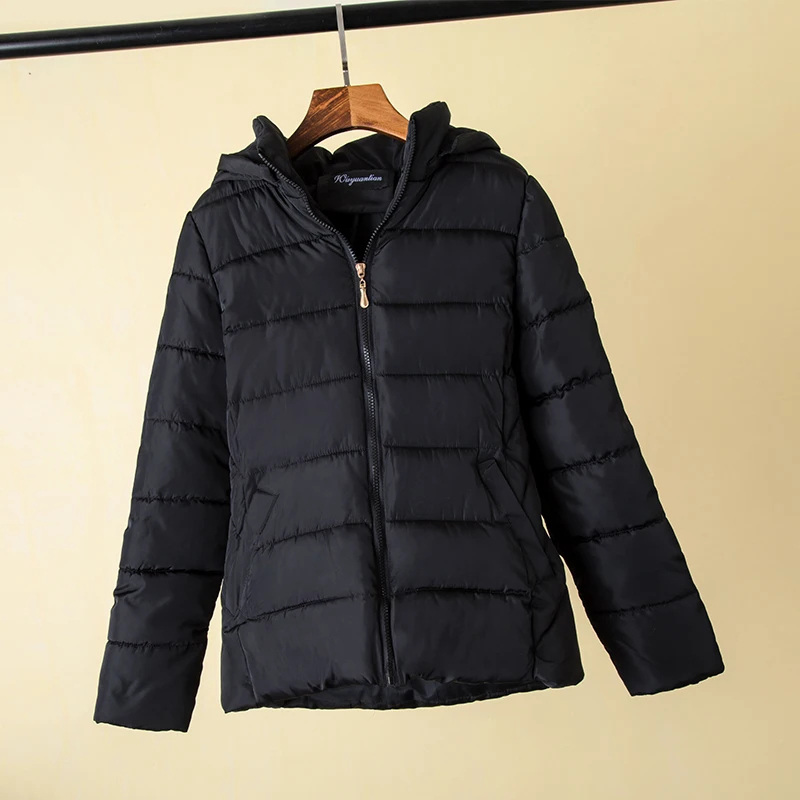 black Женские парки на весну и осень, большие размеры 4XL, зимняя куртка с капюшоном, Толстая теплая короткая верхняя одежда, Женские базовые Топы с хлопковой подкладкой - Цвет: black