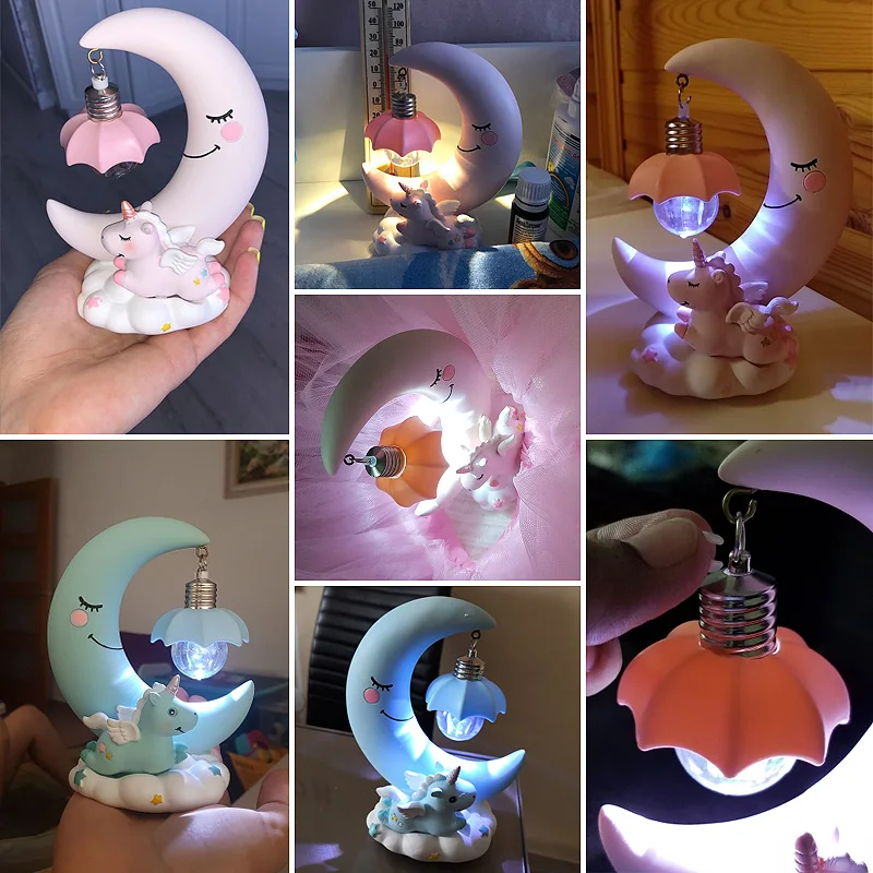 Skup Lampka nocna LED jednorożec księżyc żywica Cartoon lampka nocna Luminaria romantyczna dekoracja sypialni lampka nocna Baby Kids prezent urodzinowy świąteczny