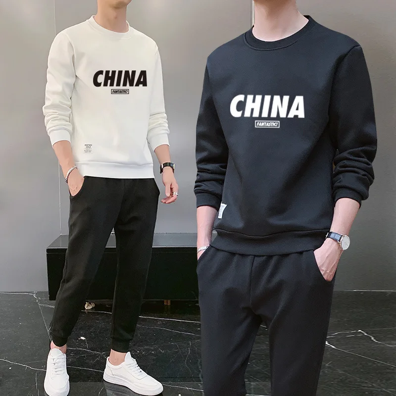 

Autumn Clothing Men's New Style Fashion National Trends Printed Letter Long Sleeve Crew Neck Loose-Fit Hoodie Suit Men Casual Tw