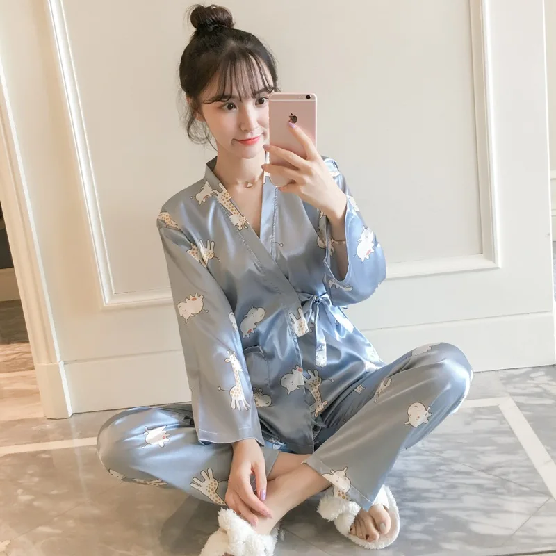 

Long Sleeve Silk Satin Print Kimono Pajama Sets for Women Autumn Sleepwear Pyjama Homewear Pijama Mujer Loungewear Home Clothes