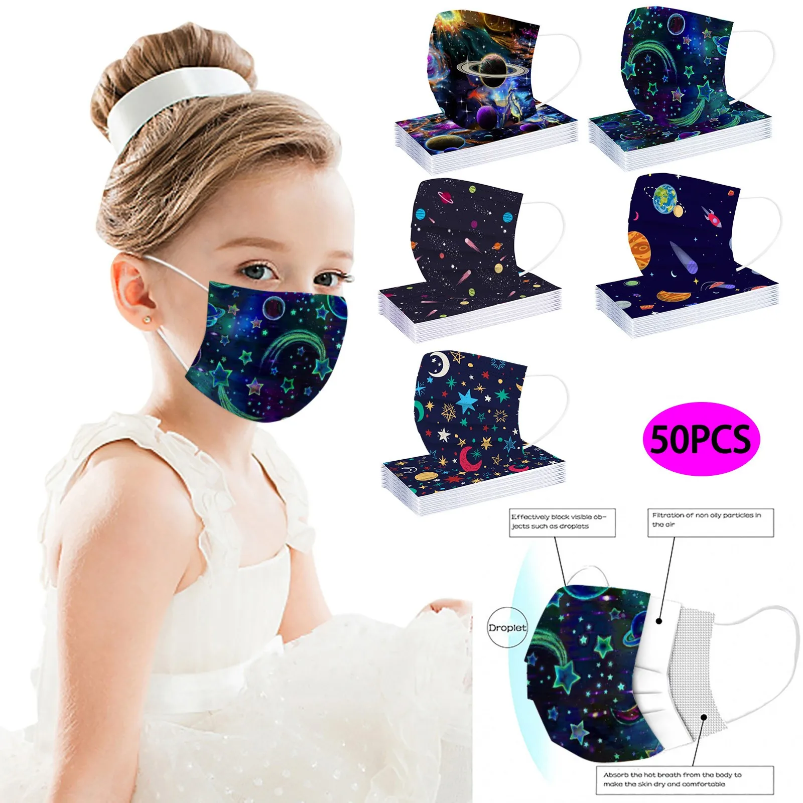 10/30/50pcs Children's Mask Cartoon Planet Print Disposable Face Mask Boy Girls Universe Pattern Industrial 3Ply Ear Loop MaskS 2