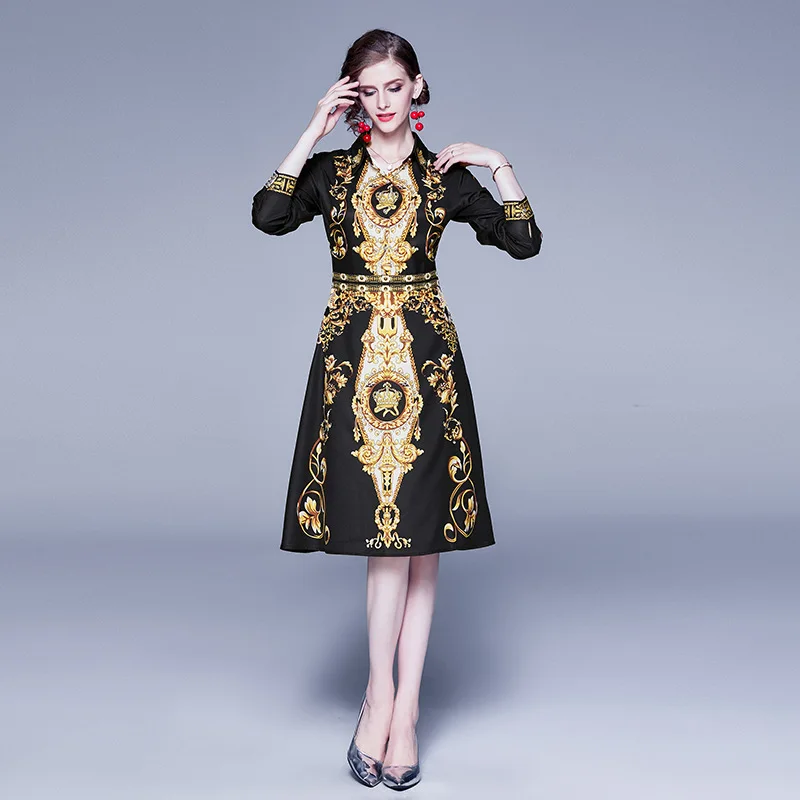 

Photo Shoot Ozhouzhan Autumn New Style WOMEN'S Dress Retro Fold-down Collar Printed Waist Hugging Mid-length Dress