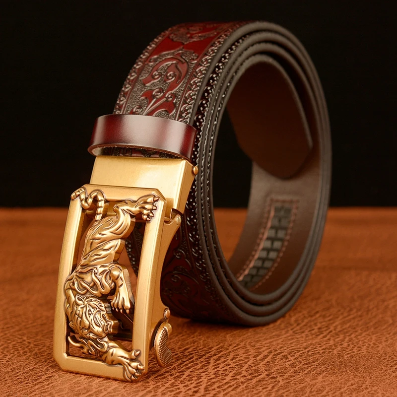 New Arrivel Tigger Buckle with Tang Grass Pattern Leather Belt for Men Work of Art Belt Automatic Buckle