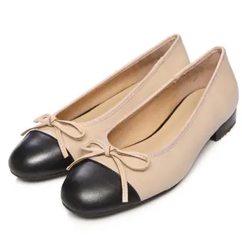 

Women's genuine leather black toe bow tie slip-on flats leisure soft comfortable ballerinas high quality casual shoes for women