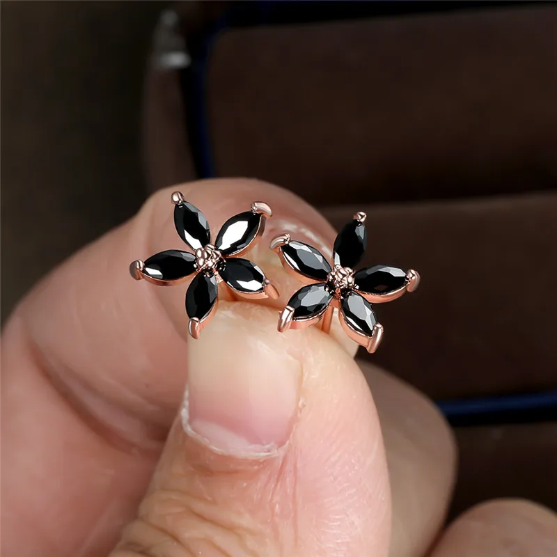 Cute Star Black Stone Flower Stud Earrings For Women Wedding Jewelry Vintage Gold/Black/Rose Gold/Silver Color Pentagram Earring