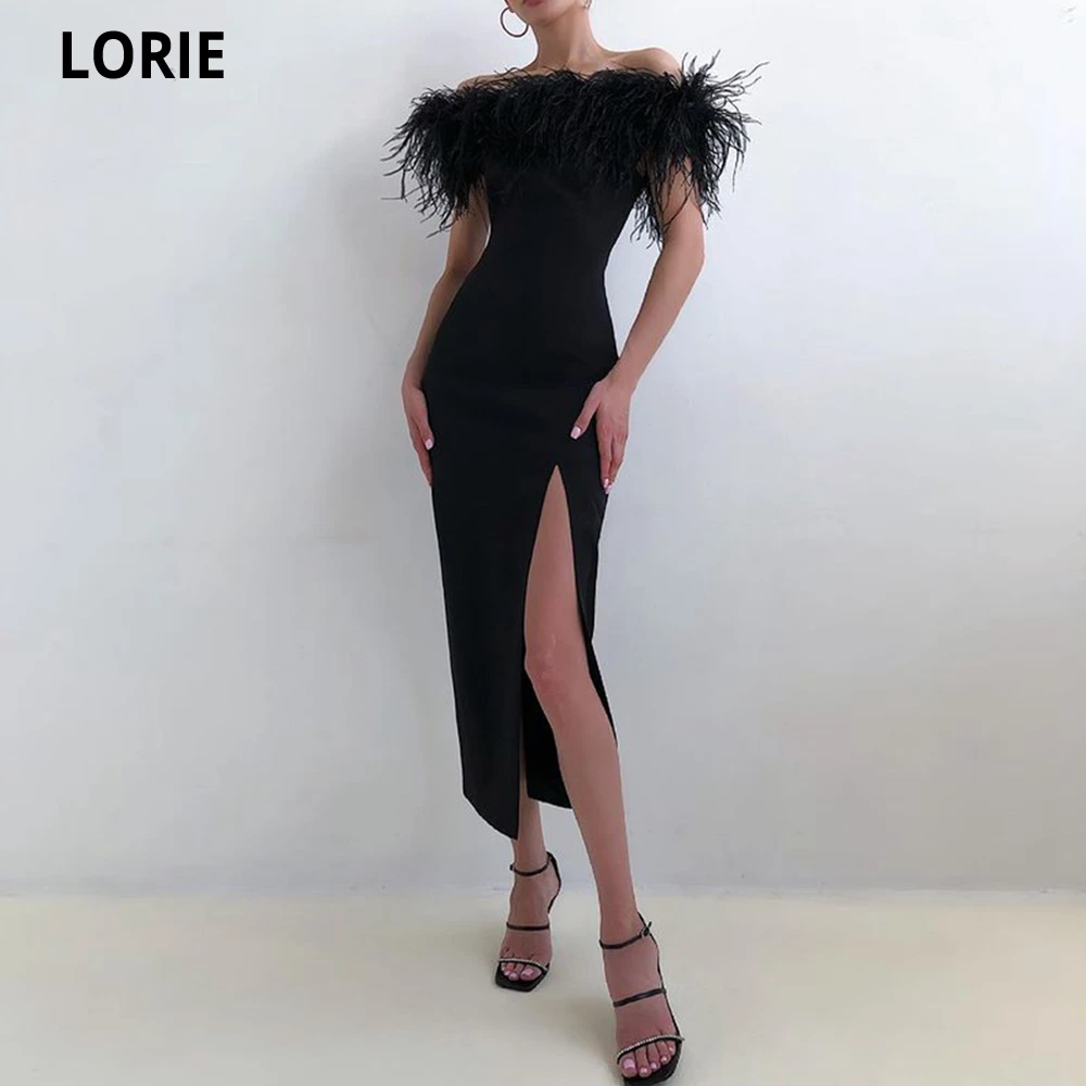 LORIE Straight Four-way Stretch Tea-Length Evening Dresses 2021 Prom Dress With Feather Side Slit Vestidos De Fiesta Party Gowns