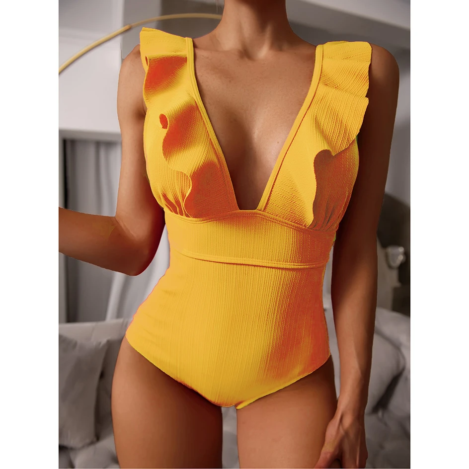 

Sexy Ruffle Swimwear Women`s 2022 Deep V One Piece Swimsuit Female Bathing Suit Woman Bodysuit Swimming for Beach Wear Monokini