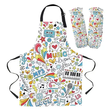 

Apron Kit Color Music Doodling Kitchen Bib Oven Mitts for Cooking Gardening Woman Kids Aprons Cuff Baking Accessories
