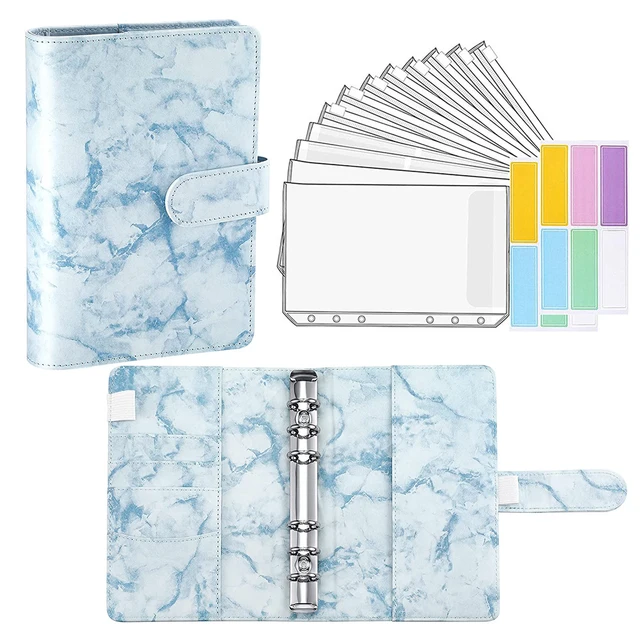 15 Pieces Binder Budget Planner Cash Envelope Binder with Budget Envelopes A6 Binder Pockets Cash Envelope Wallet for Budgeting Blue Marble-14pcs