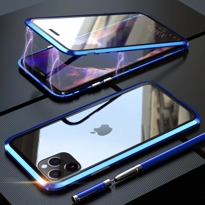Роскошный двухсторонняя, для стекла Магнитный чехол на iPhone 11 Pro Max Алюминиевый металлический бампер магнит чехол 360 Защитный чехол с петлей