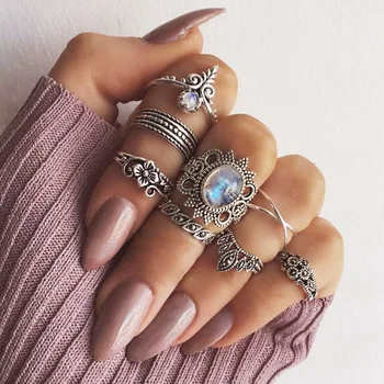 

HWASY1804 hot style retro national style lotus ring index finger joint combination 8 pieces set gem Geometric ring Aliexpress