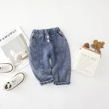 Осенние джинсовые штаны для мальчиков и девочек, детские брюки, повседневные свободные длинные брюки из потертой джинсовой ткани, WT730