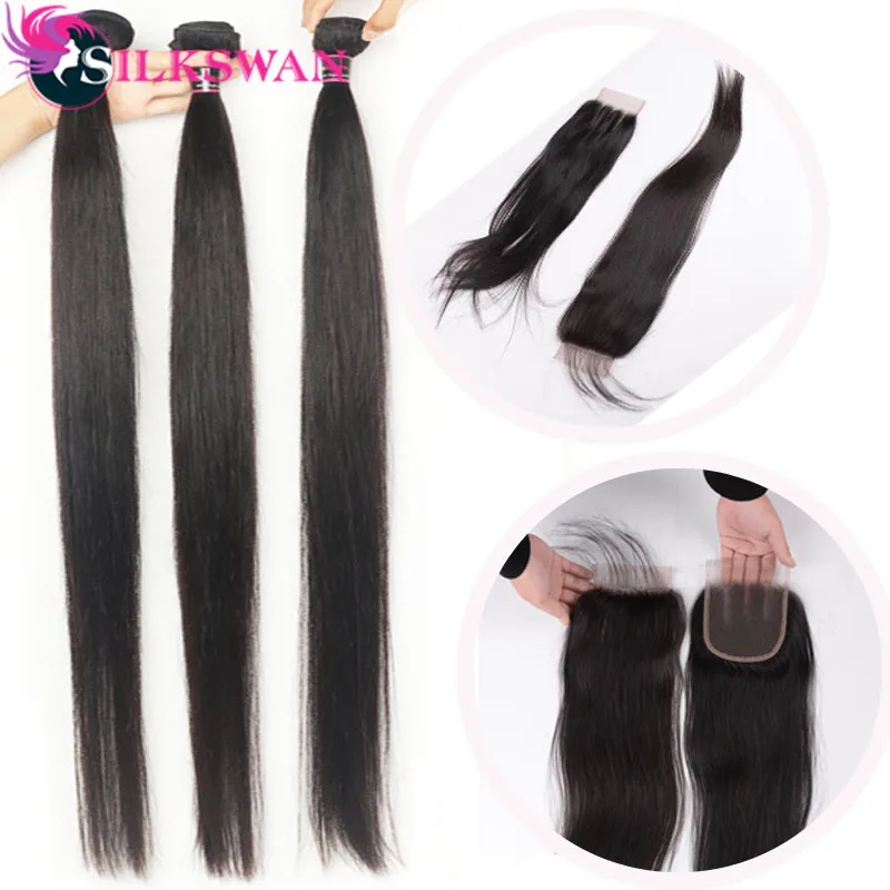 

Silkswan Brazilian Straight 100% Human Remy Hair 10-40 Inch 3bundles & 10-28Inch Lace Closure With Baby Hair For Women