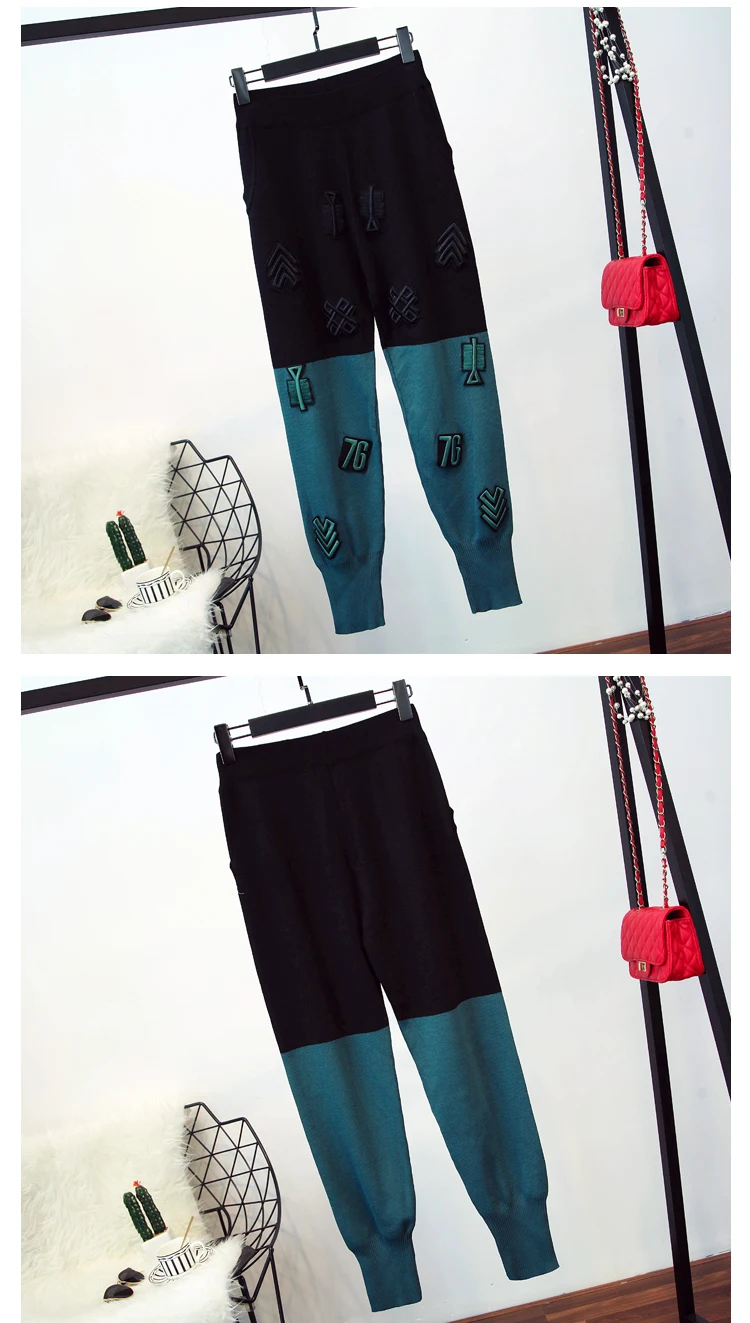 Роскошный брендовый дизайнерский подиумный комплект из 2 предметов для женщин, комплект из вязаного топа и трикотажных штанов с круглым вырезом и вышивкой