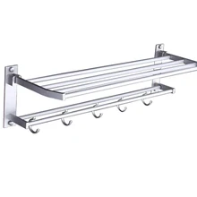 

60CM Punch-Free Double Layer Towel Holder Bathroom Accessories with Hook Space Aluminum Kitchen Shelf Rack Wall-Mounted