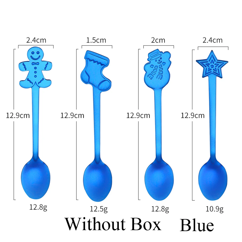 Blue without box 4 шт./компл. Нержавеющая сталь Рождественская посуда Кофе ложки десерты мороженое ложкой снеговика Рождественская елка Дети питьевой ложки для чая - Цвет: Blue without box