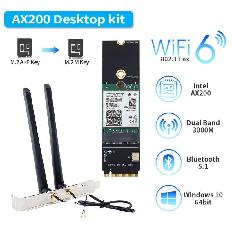 3000 Мбит/с Wifi 6 беспроводная карта Bluetooth 5 1 M.2 Key M адаптер переходник 802.11ax для Intel AX200