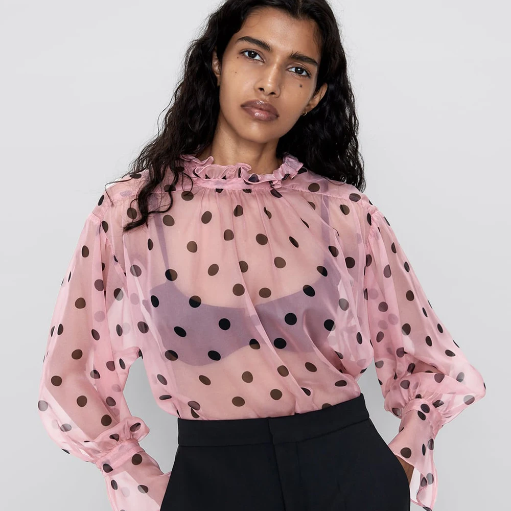 

2019 Sexy Fashion Pink Polka Dot Print Back Split Bow Za Shirt Classic Stand Collar Statement Elegant Lady Nightclub Party Shirt