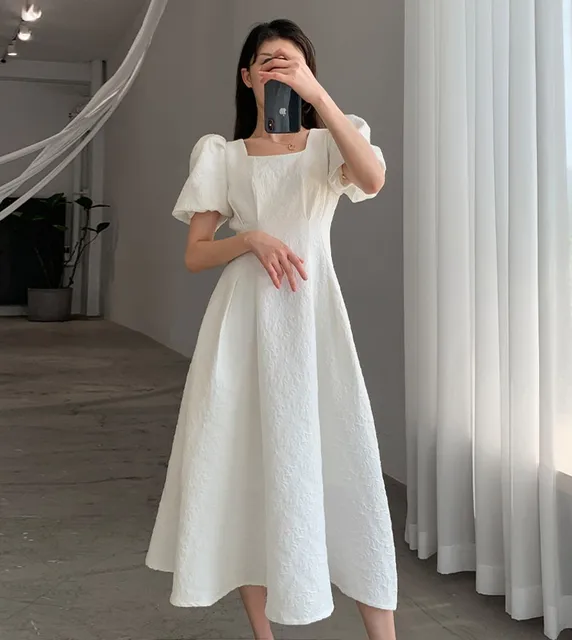 Chic Simple White Women Summer 2022 Elegant Solid Square Collar Lantern  Sleeve Slim A-line Long Office Party Dress Vestidos - Dresses - AliExpress